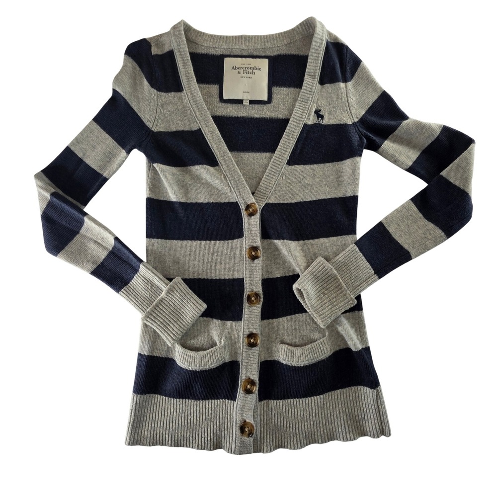 Abercrombie & Fitch Womens Large Striped Cardigan Navy Grey Preppy Millennial
